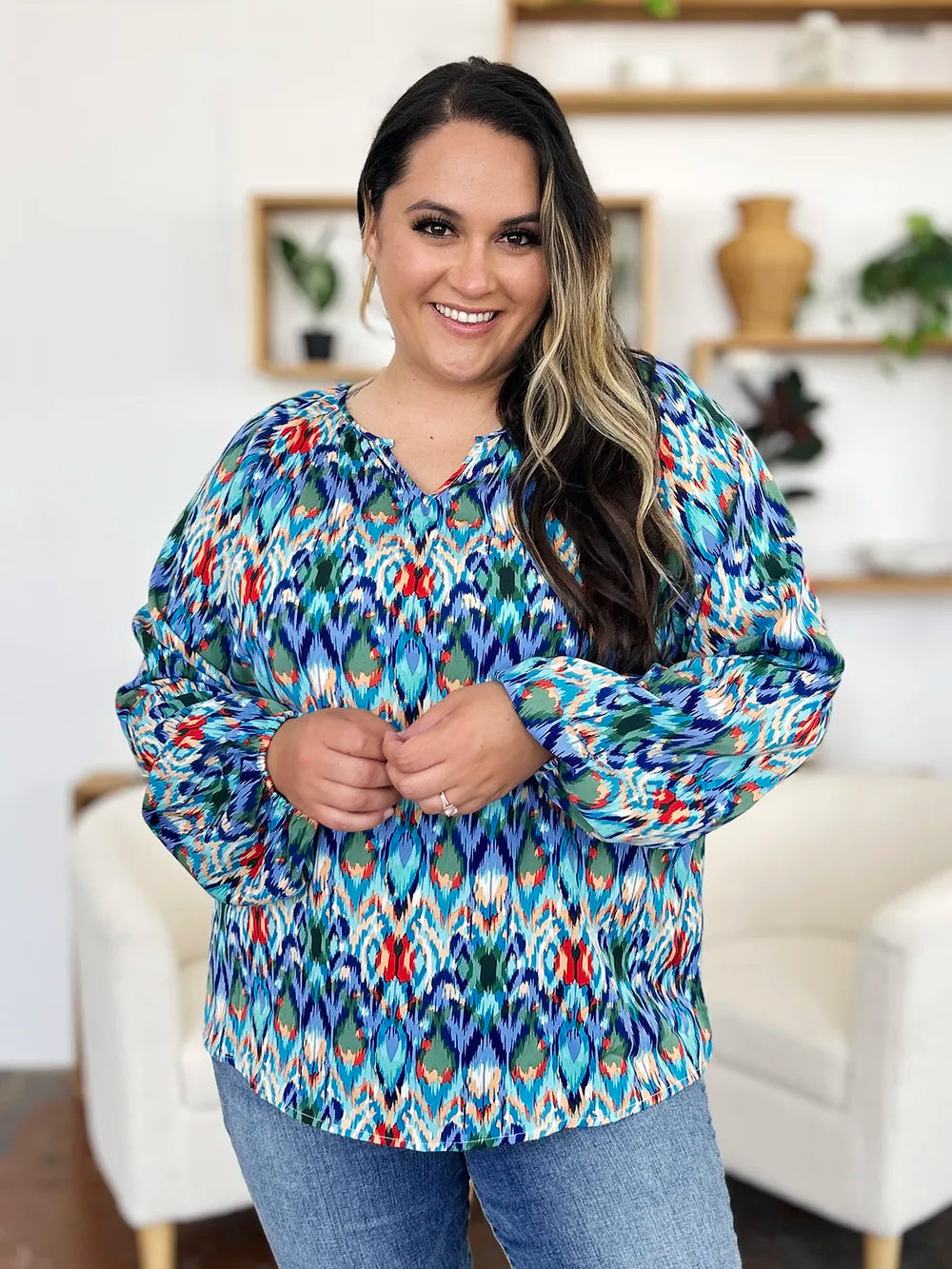 Double Take Full Size Printed Balloon Sleeve Blouse 3d14dfef-8774-4ce6-adab-38f5ff3f9b5f-Max