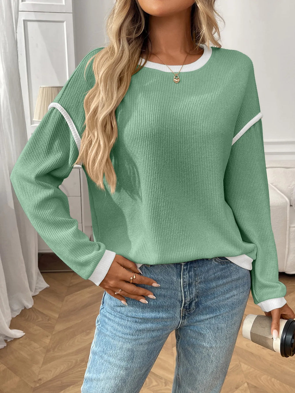 Ribbed Contrast Trim Long Sleeve Top 3d24a70e-576b-4666-b35b-d20f5da832ba-Max-Origin