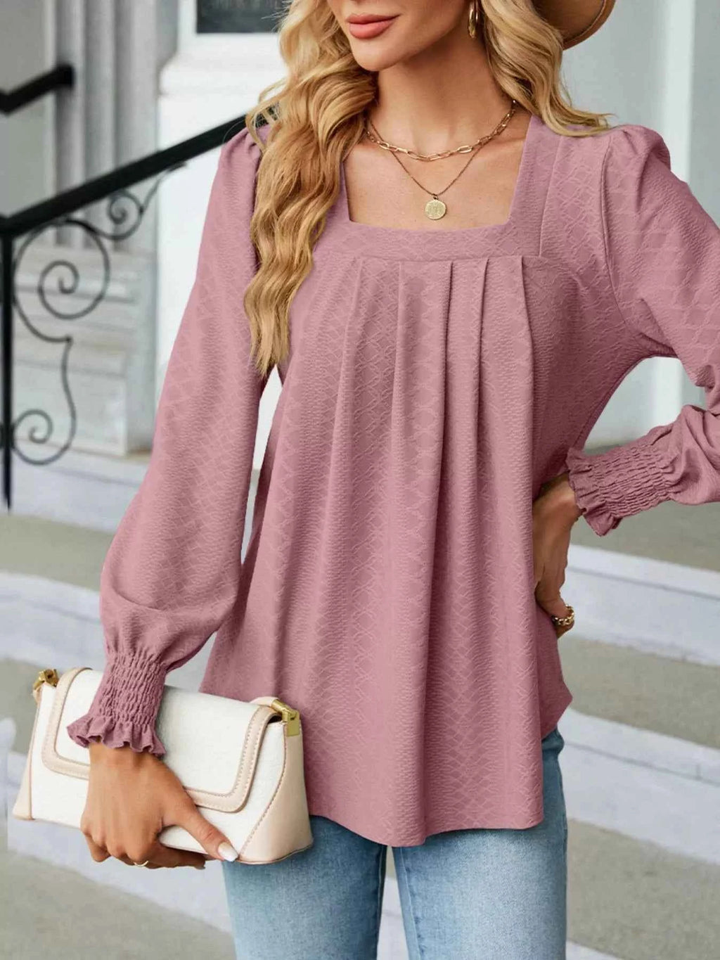 Pleated Square Neck Long Sleeve Top 3d281724-53e7-4708-a971-7f356bafd352-Max-Origin