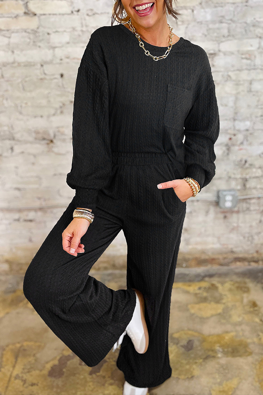 Black Textured Chest Pocket Drop Sleeve Top and Pants Set Black 97%Polyester+3%Elastane 3d2c85cf2a7b87f2