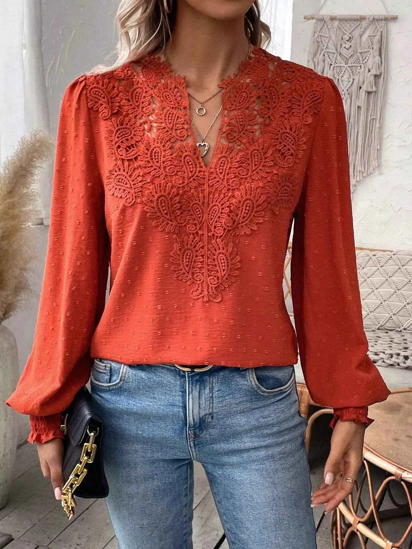 Swiss Dot Lace Detail Long Sleeve Blouse Deep Red 3d32b393-de51-410e-b6b2-051e3a123bca-Max-Origin