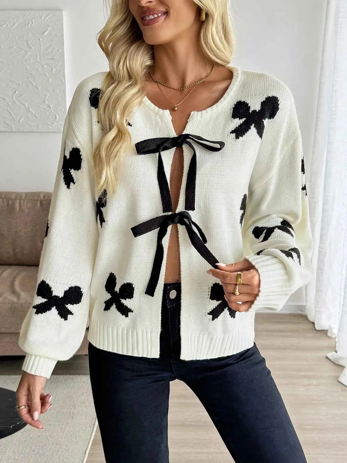 Bow Print Tie-Front Cardigan Off-white 3d36bfa90cb84e95a2838ea092089972-Max-Origin