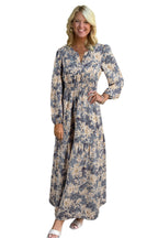 Sky Blue Floral Print Smocked High Waist Long Sleeve Maxi Dress