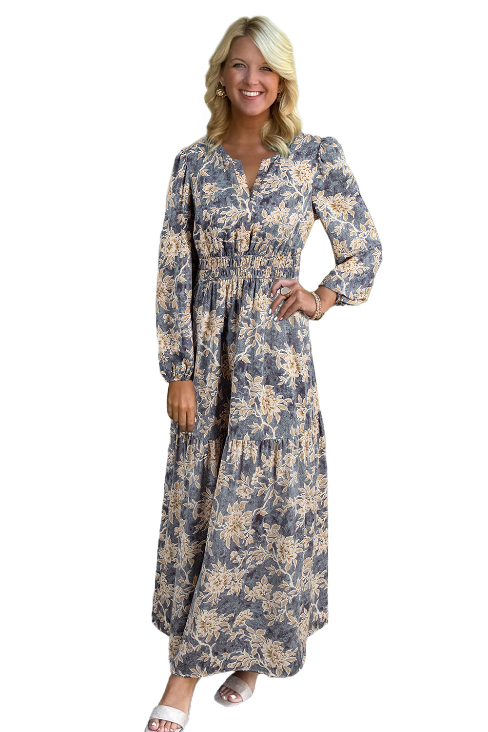 Sky Blue Floral Print Smocked High Waist Long Sleeve Maxi Dress 3d396bd6847e4e62