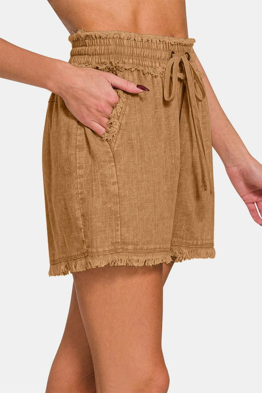Washed Linen Frayed Hem Drawstring Shorts 3d457d09-e922-44bc-b417-0c2fd0124832-Max