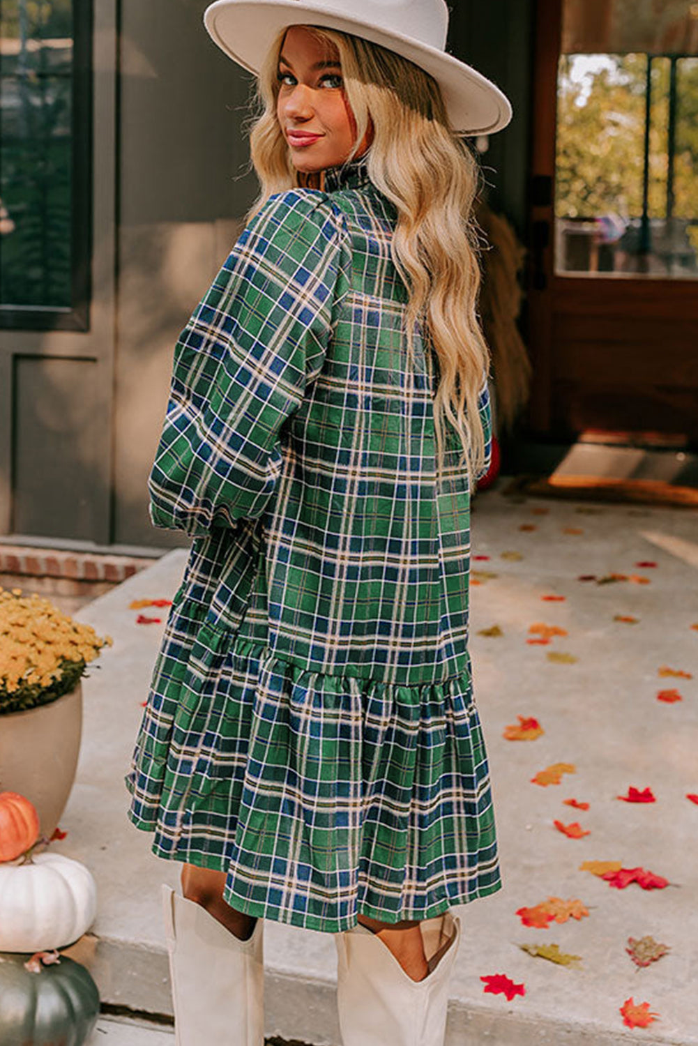 Green Plaid Print Frill Neck Long Sleeve Mini Dress 3d46ea7af6291792