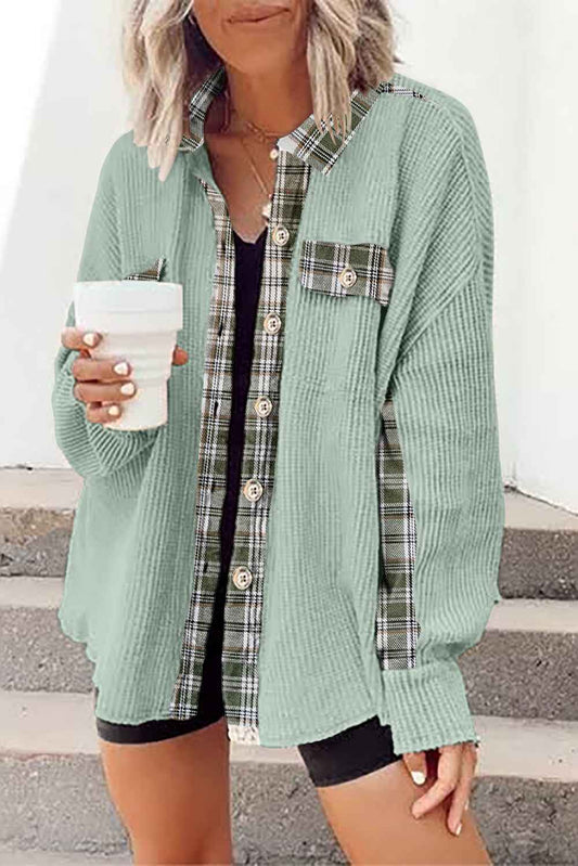 Grass Green Plaid Patchwork Waffle Thermal Knit Shacket 3d4b93746636564e