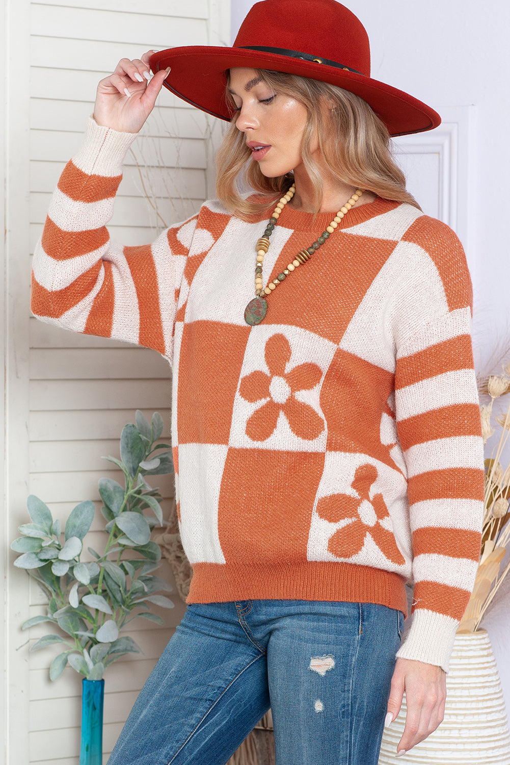 Brown 60s Floral Checkered and Striped Knitted Pullover Sweater 3d4de556e1c5a62d