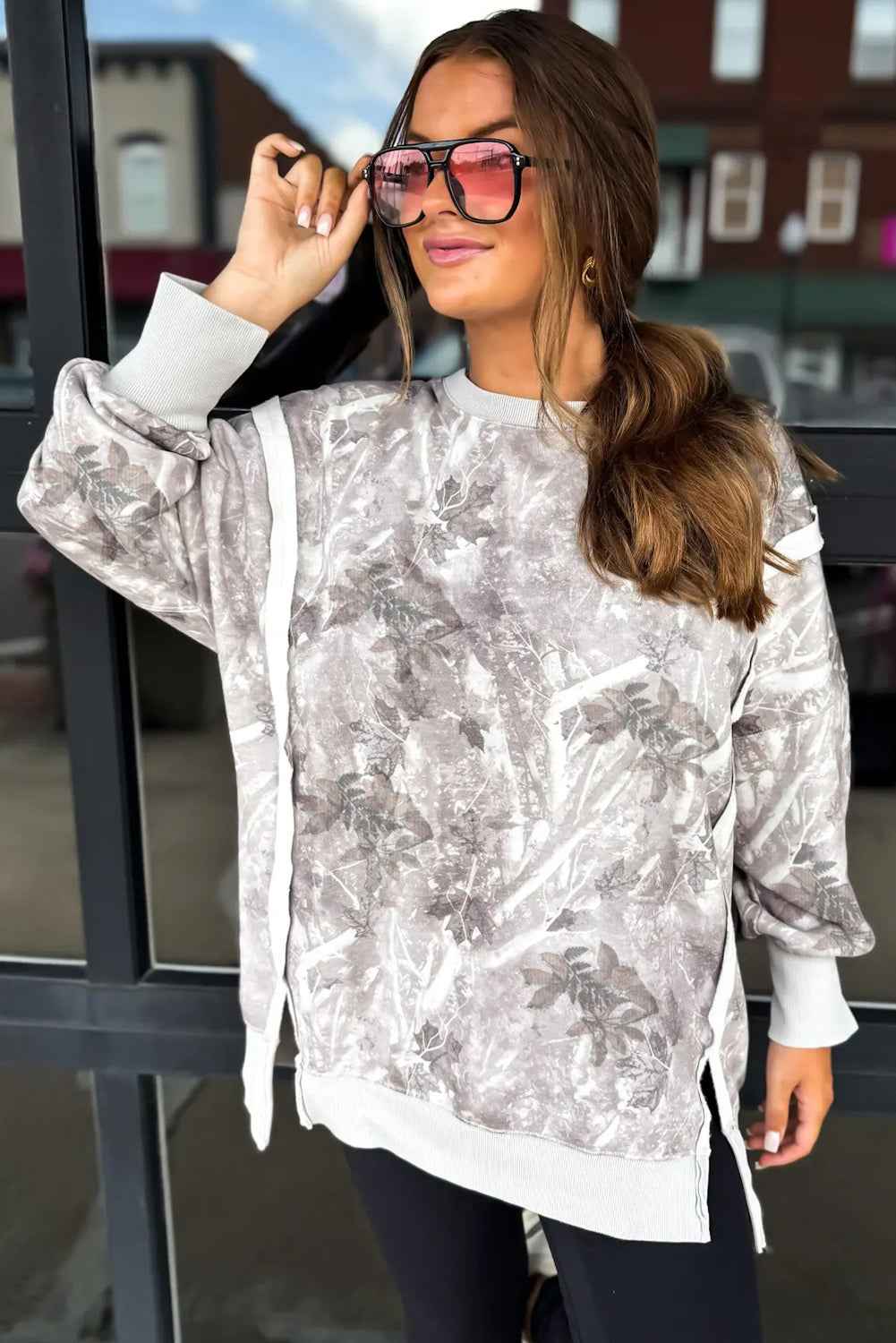 Gray Leafy Print Contrast Trim Patchwork Baggy Slit Sweatshirt 3d5201bc86fed973