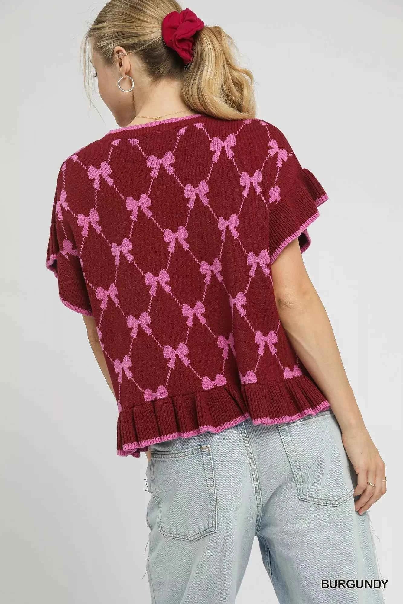 Umgee Bow Knit Ruffle Sleeve Sweater