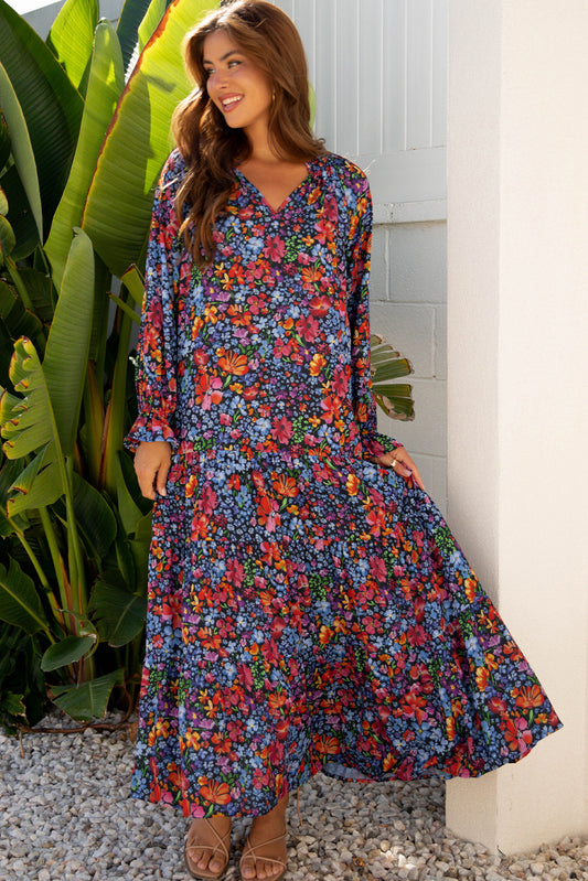 Blue Floral Print Tassel Tie V Neck Long Sleeve Flowy Long Dress 3d5a48696a754a40