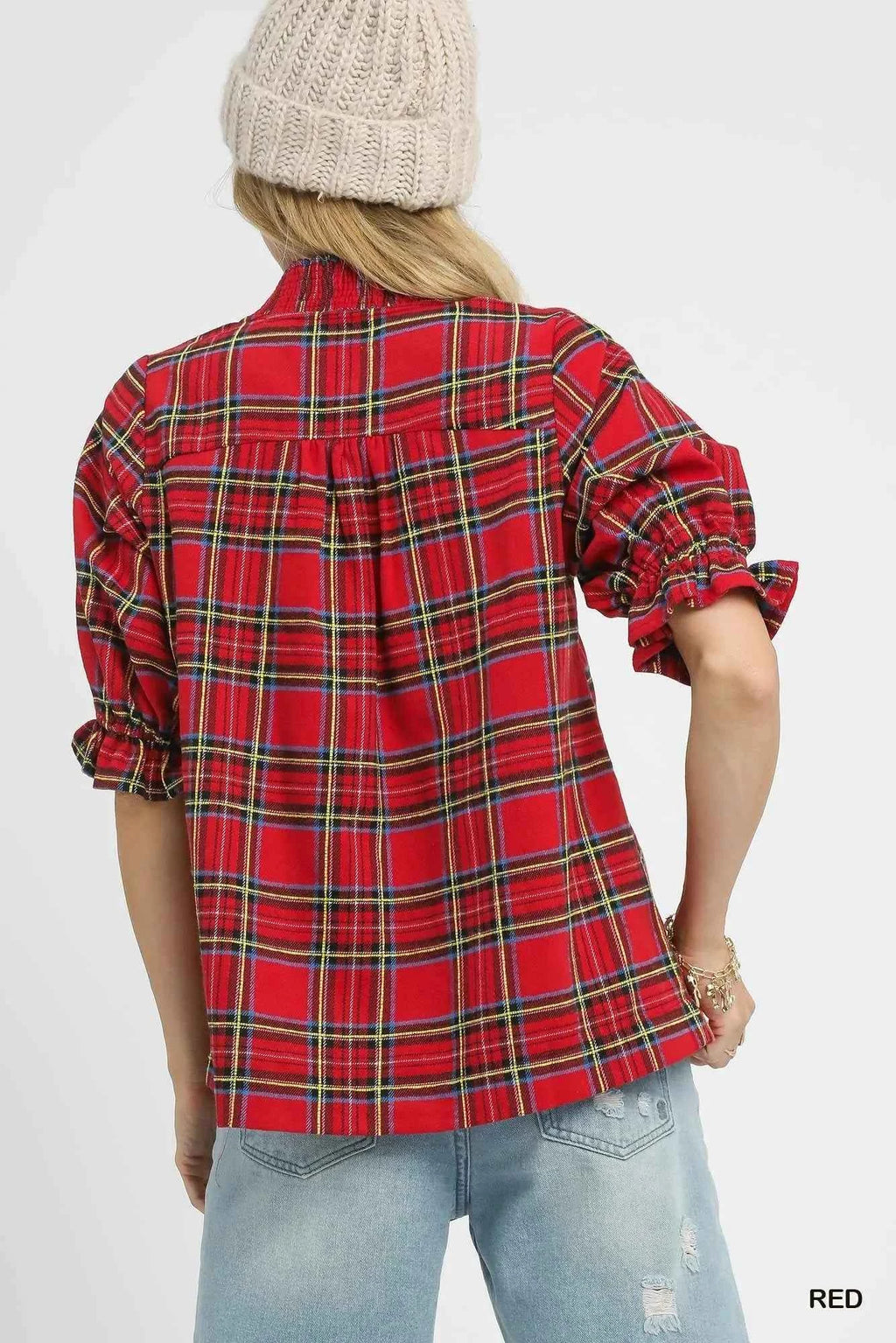 Umgee Plaid Smocked V-Neck Flannel Top 3d5dd59a-3a32-4058-8e7f-751deeb87a88-Max-Origin