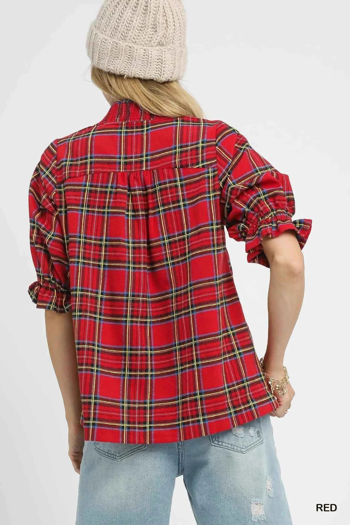 Umgee Plaid Smocked V-Neck Flannel Top 3d5dd59a-3a32-4058-8e7f-751deeb87a88-Max-Origin