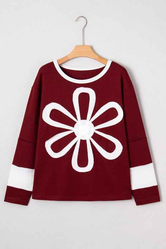 Floral Patch Long Sleeve Crewneck Top Red Dahlia 3d654370-33fc-4ee2-88a9-cf60692d0e84