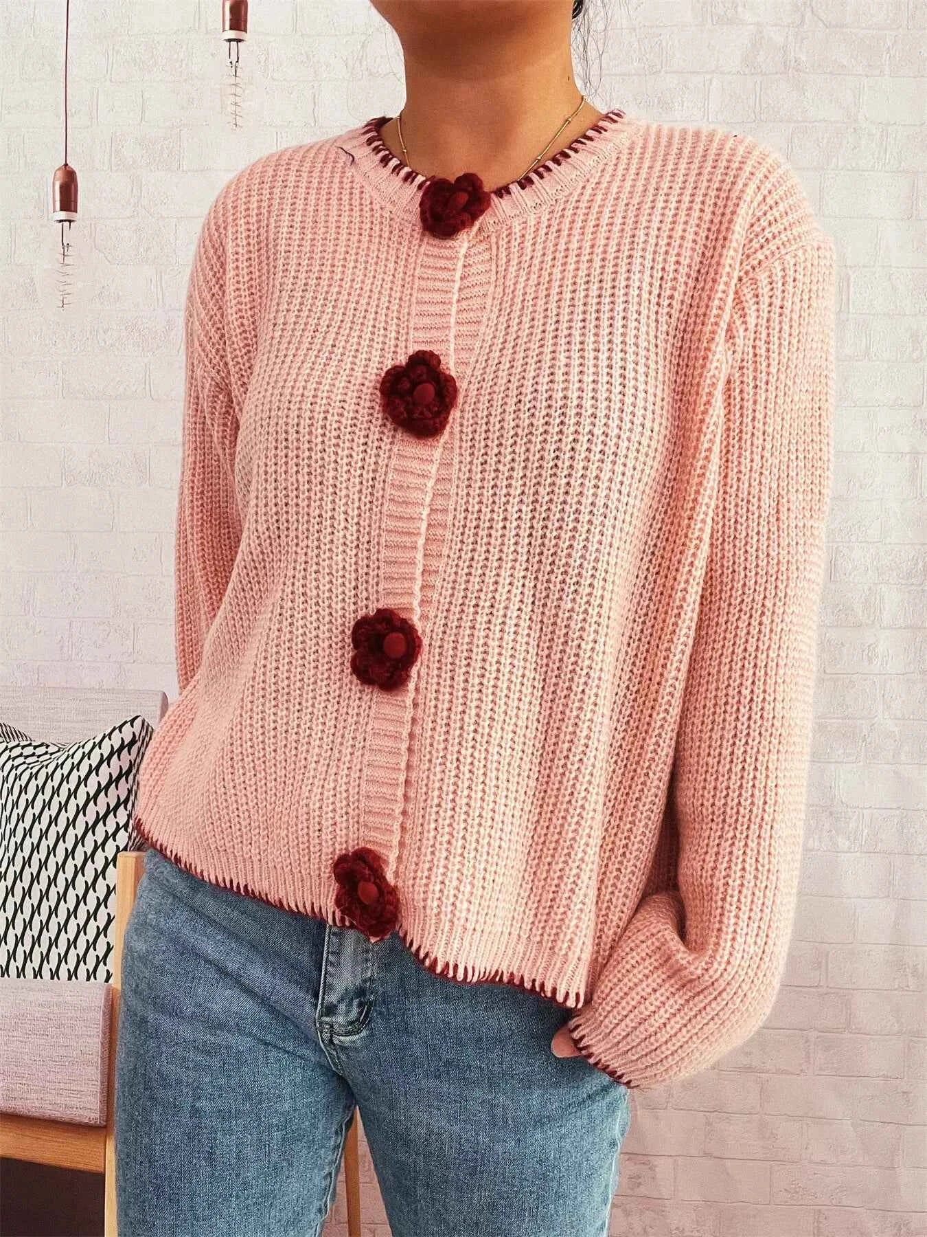 Flower Button Long Sleeve Cardigan 3d6708a4abd24d1db67e216e8f302614-Max-Origin