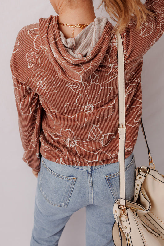 Brown Floral Twisted Rib Drawstring Kangaroo Pocket Hooded Top 3d72f1b0c7fbf2b7