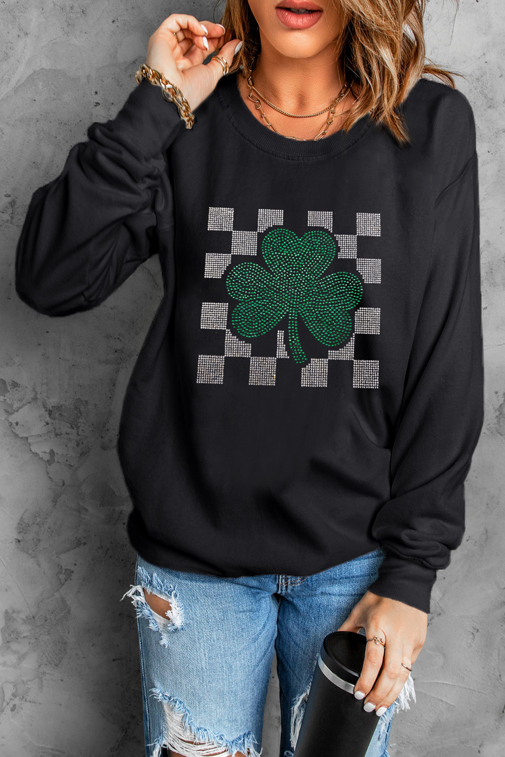 Black Rhinestone Checkerboard Clover Graphic St Patrick Sweatshirt 3d76f7f025038a9d