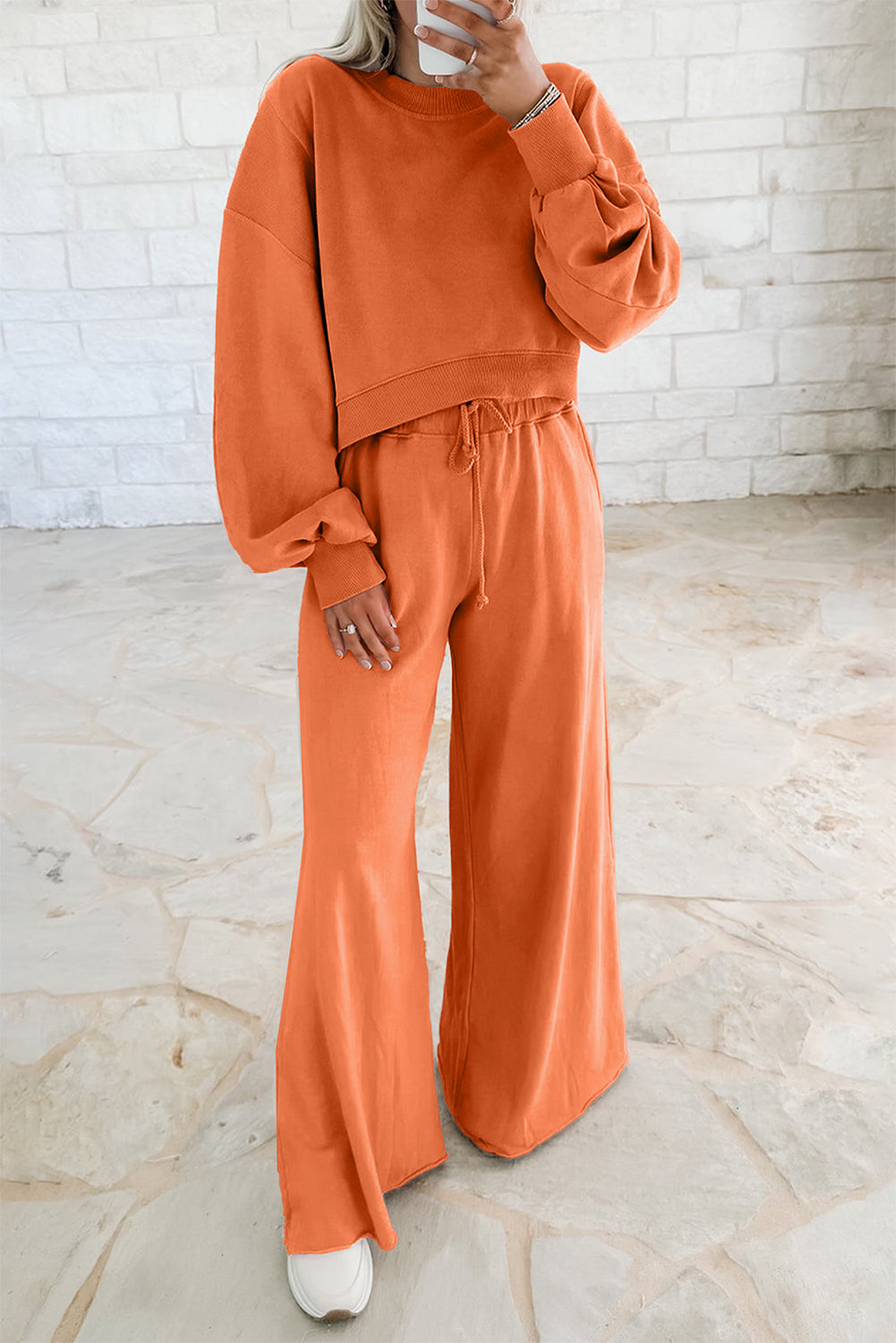 Flamingo Drop Shoulder Crop Pullover Drawstring Wide Leg Pants Set 3d788b2465e85c3e