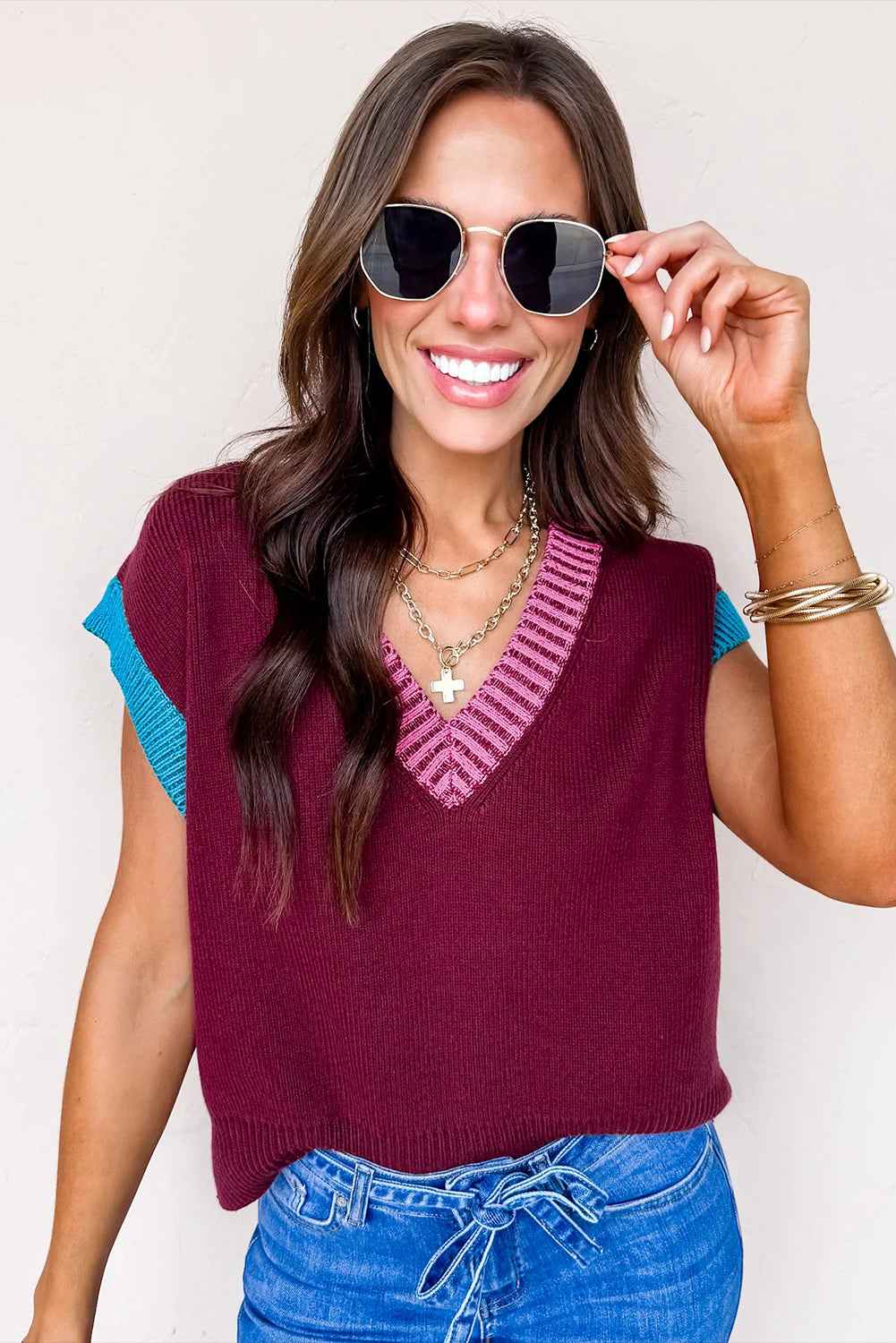 Burgundy Contrast Trim V Neck Cuffed Short Sleeve Loose Sweater 3d7cf300da5a4507