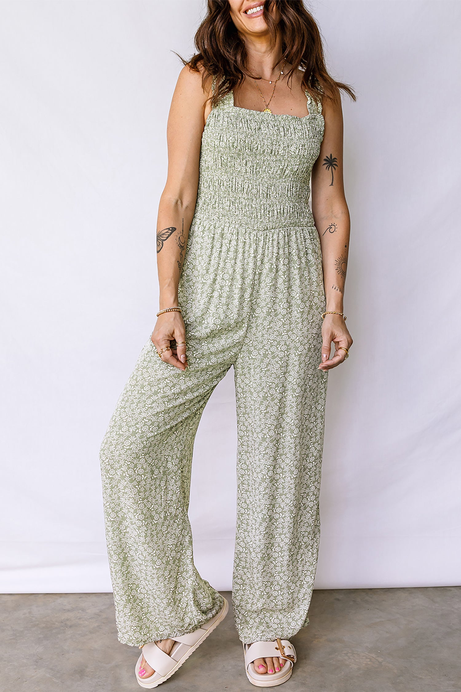 Green Smocked Bodice Square Neck Sleeveless Floral Jumpsuit 3d820cecf5ebf31d