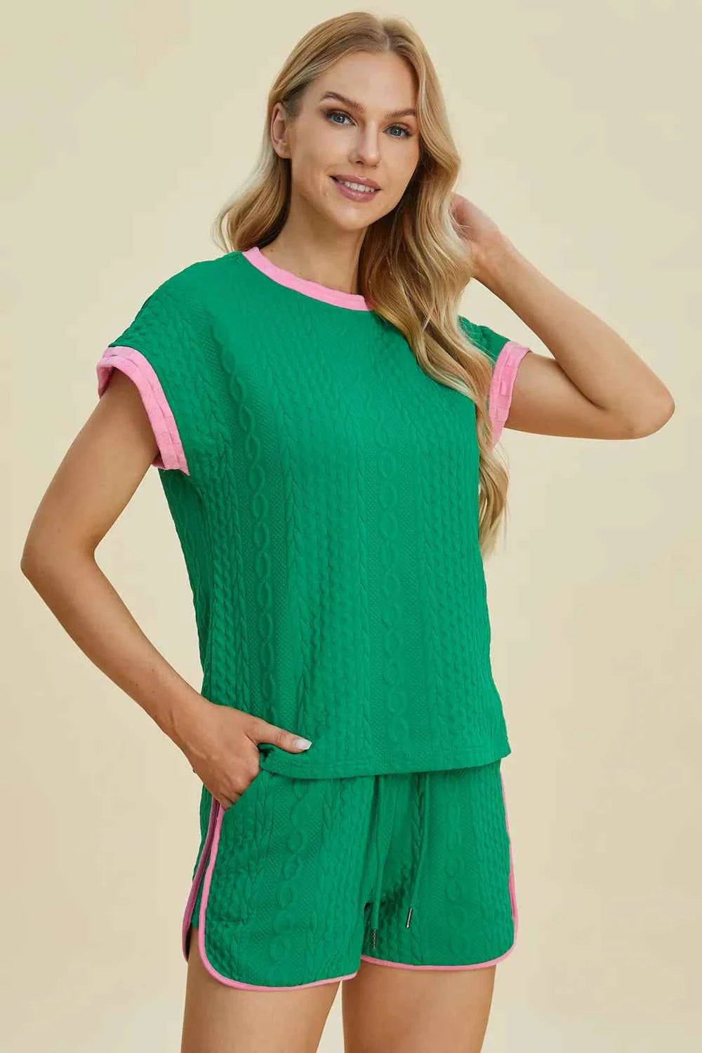 Double Take Full Size Texture Contrast T-Shirt and Shorts Set 3d830111-3e02-4a42-92b5-5fda9d43e424-Max