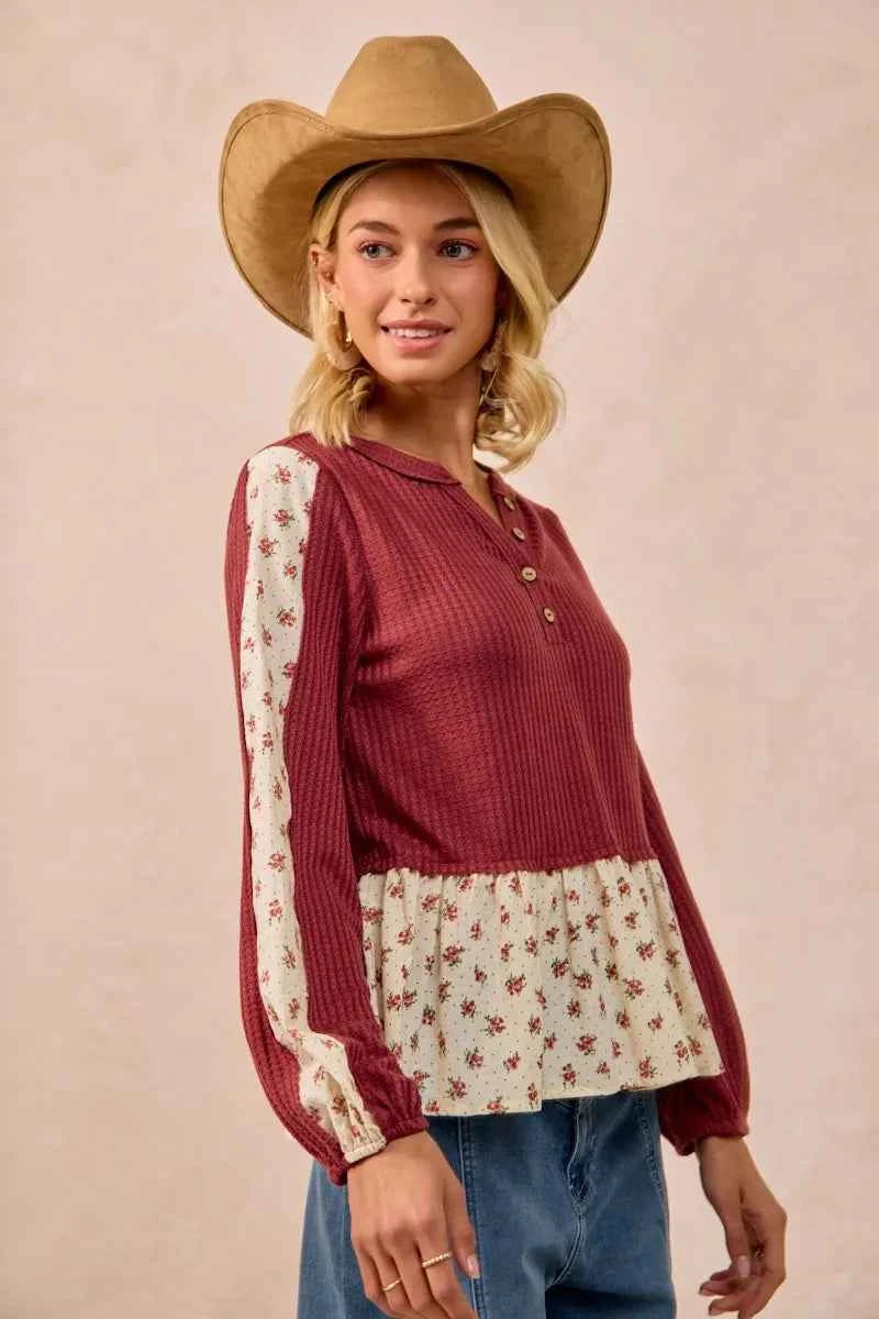 BiBi Waffle with Floral Woven Combo Top 3d856ad9d976405081574a40825984fe-Max-Origin