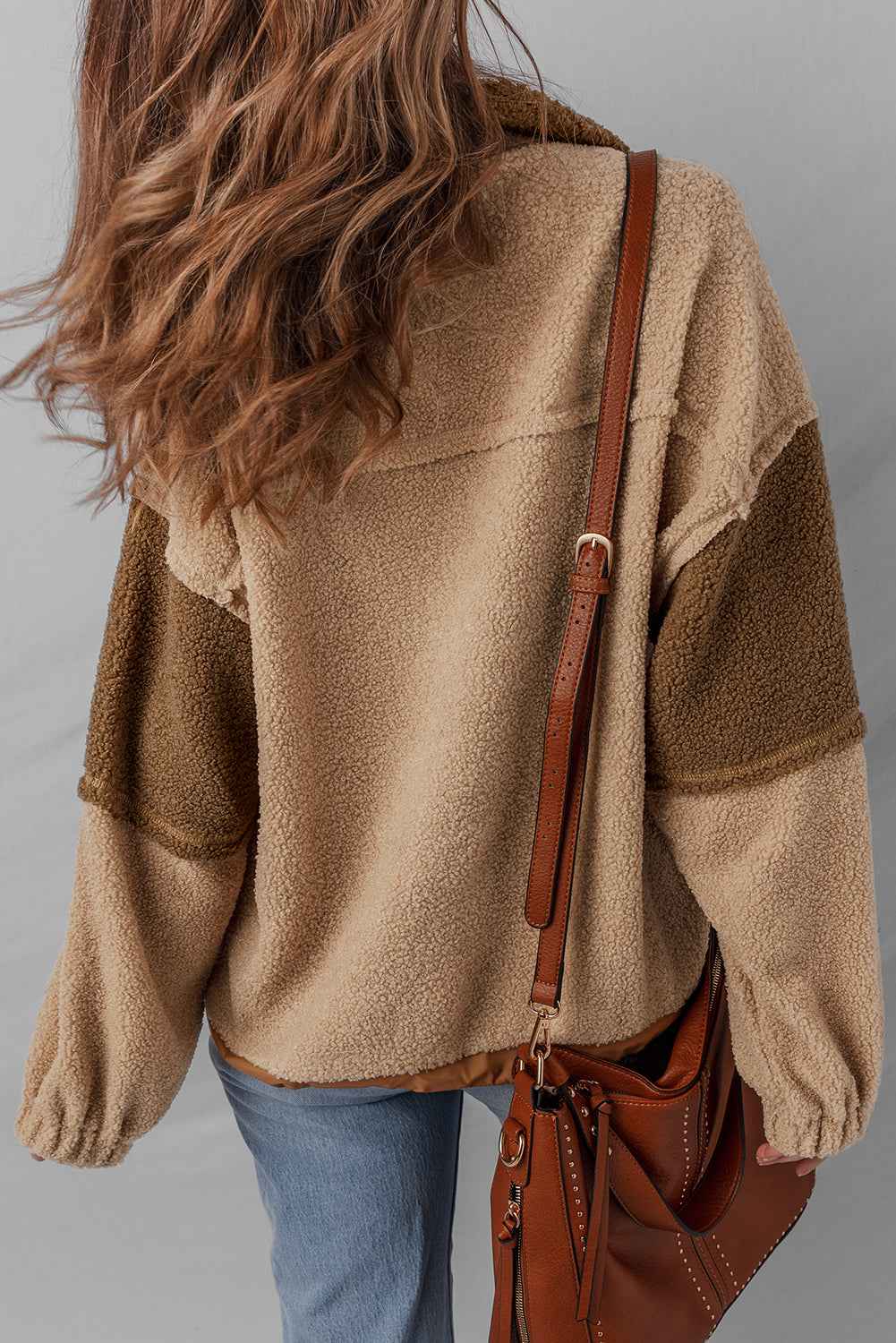 Straw Yellow 2-tone Color Block Patchwork Half Button Sherpa Sweatshirt 3d8691d065c8a67b