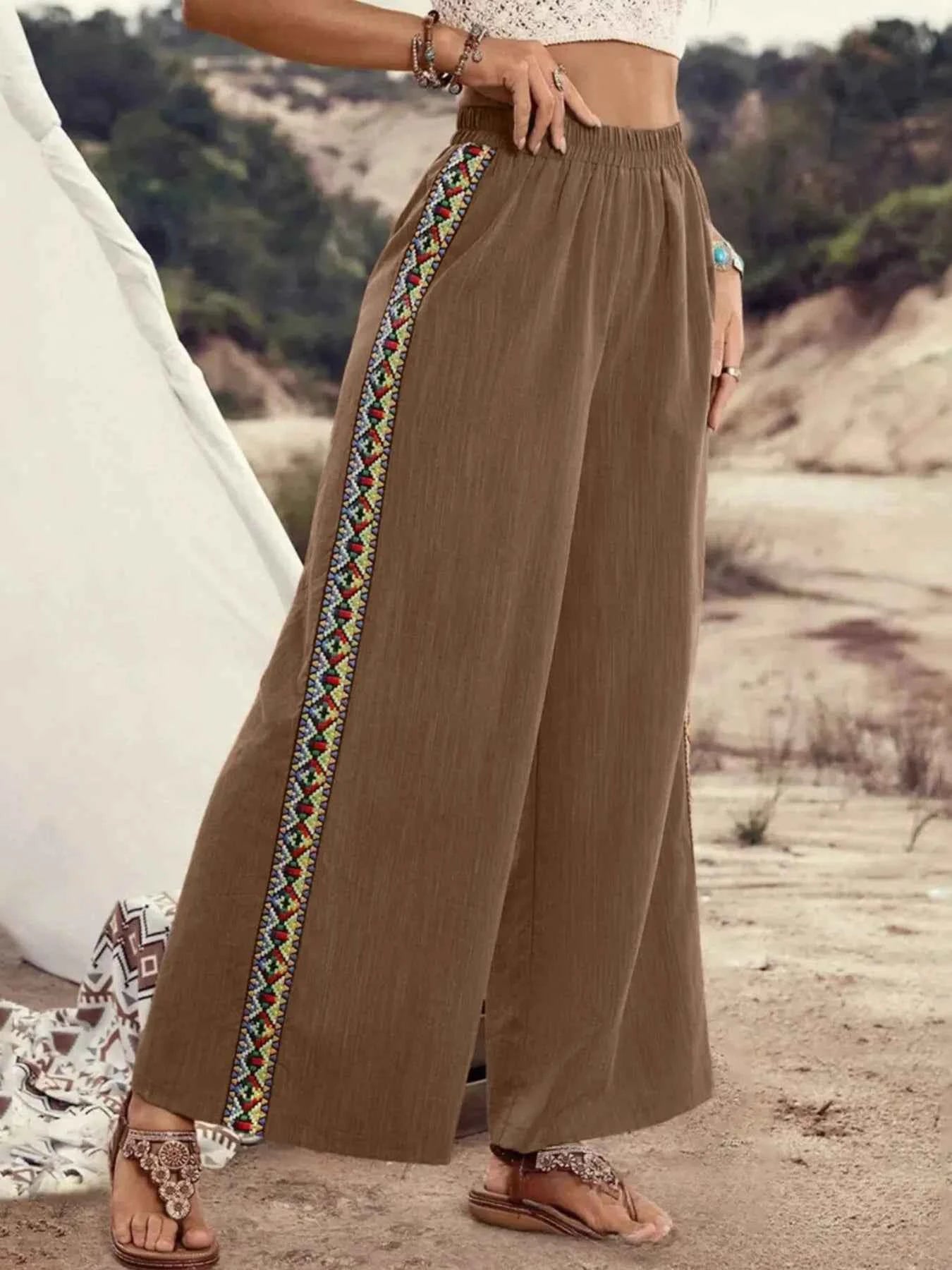 Bohemian Wide Leg Embroidered Side Stripe Pants Brown 3d8731fa6dfd4d39a2f71b59814781b1-Max-Origin