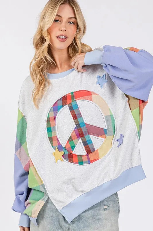 SAGE + FIG Contrast Peace Patch Dropped Shoulder Sweatshirt Blue Purple 3d87e335-8daa-4555-be90-ccb6e55ee35d-Max