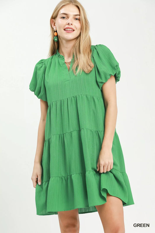 Puff Sleeve Tiered Babydoll Dress GREEN 3d8e399c-46a6-4d02-88bd-5963465f97a5-Max-Origin