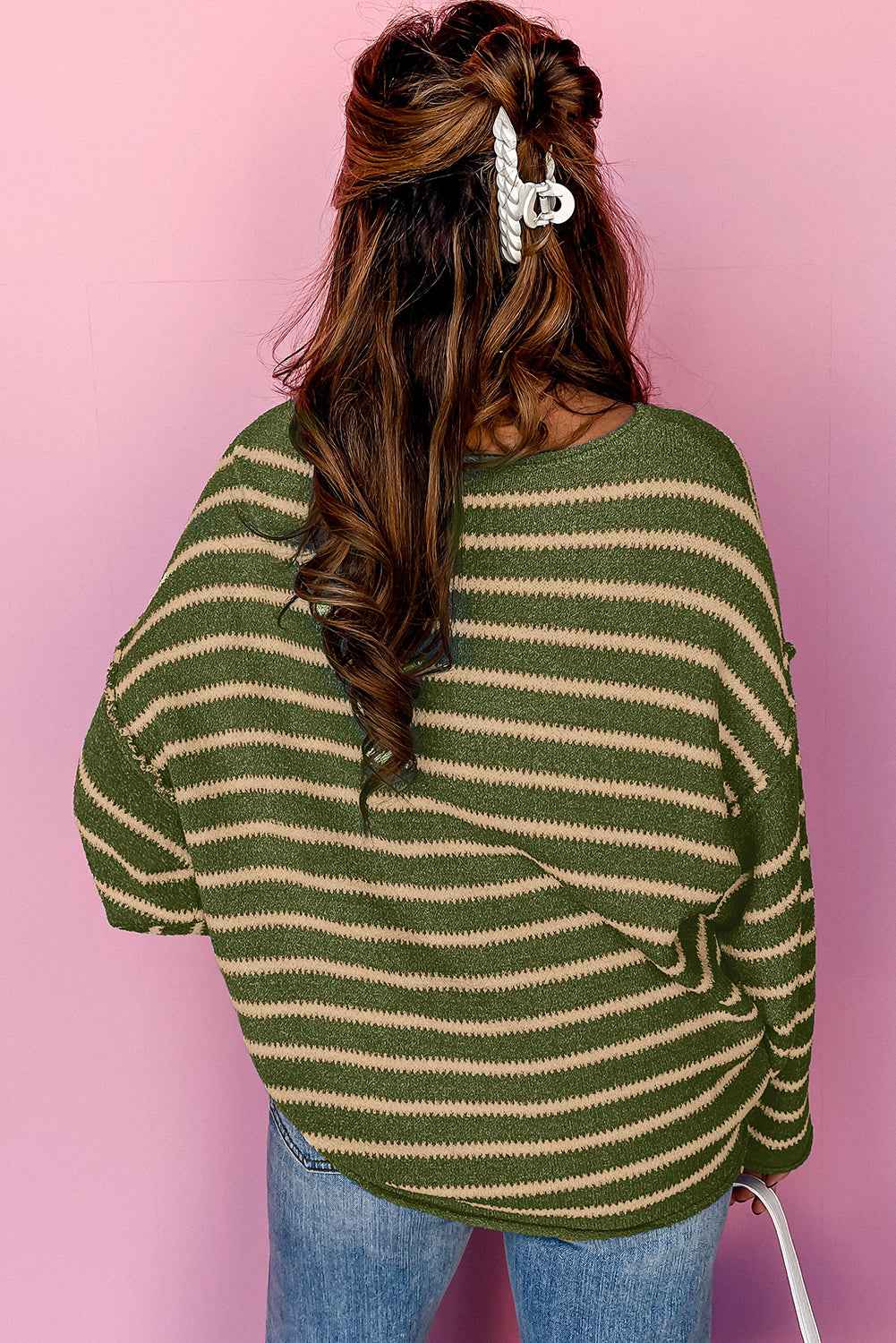 Green Stripe Casual Stripe Round Neck Drop Shoulder Sweater 3d8f6daaafb3c08a