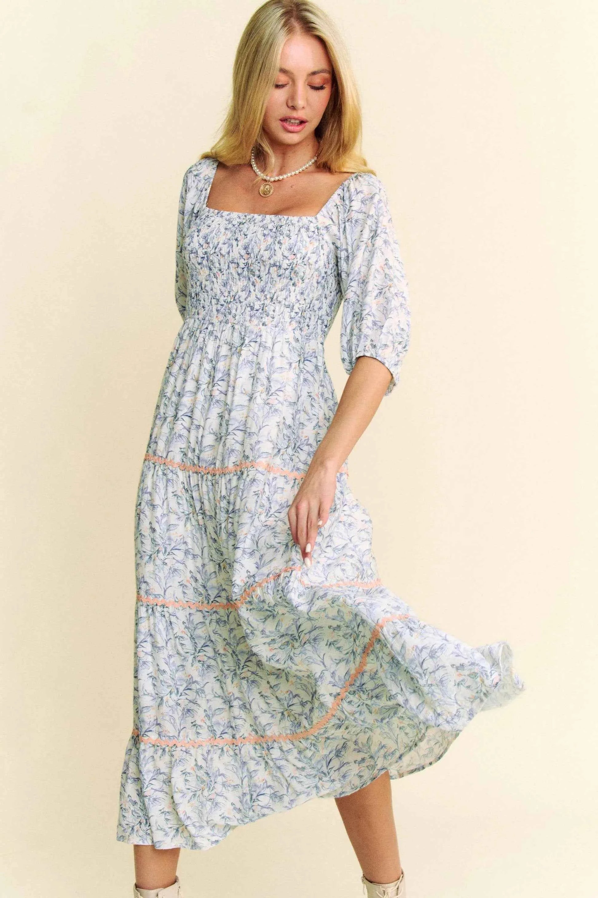 Davi & Dani Contrast Ric Smocking Bodice Tiered Midi Dress 3d97cba1021646ee8cb8f25bc3382843-Max-Origin