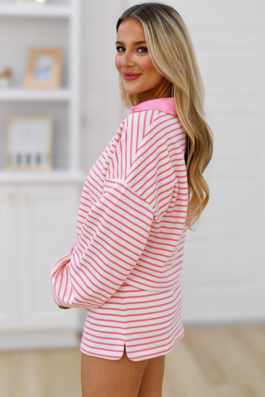 Green Striped Collared V Neck Drop Shoulder Pullover and Skirt Set 3d99b47d283db4b4