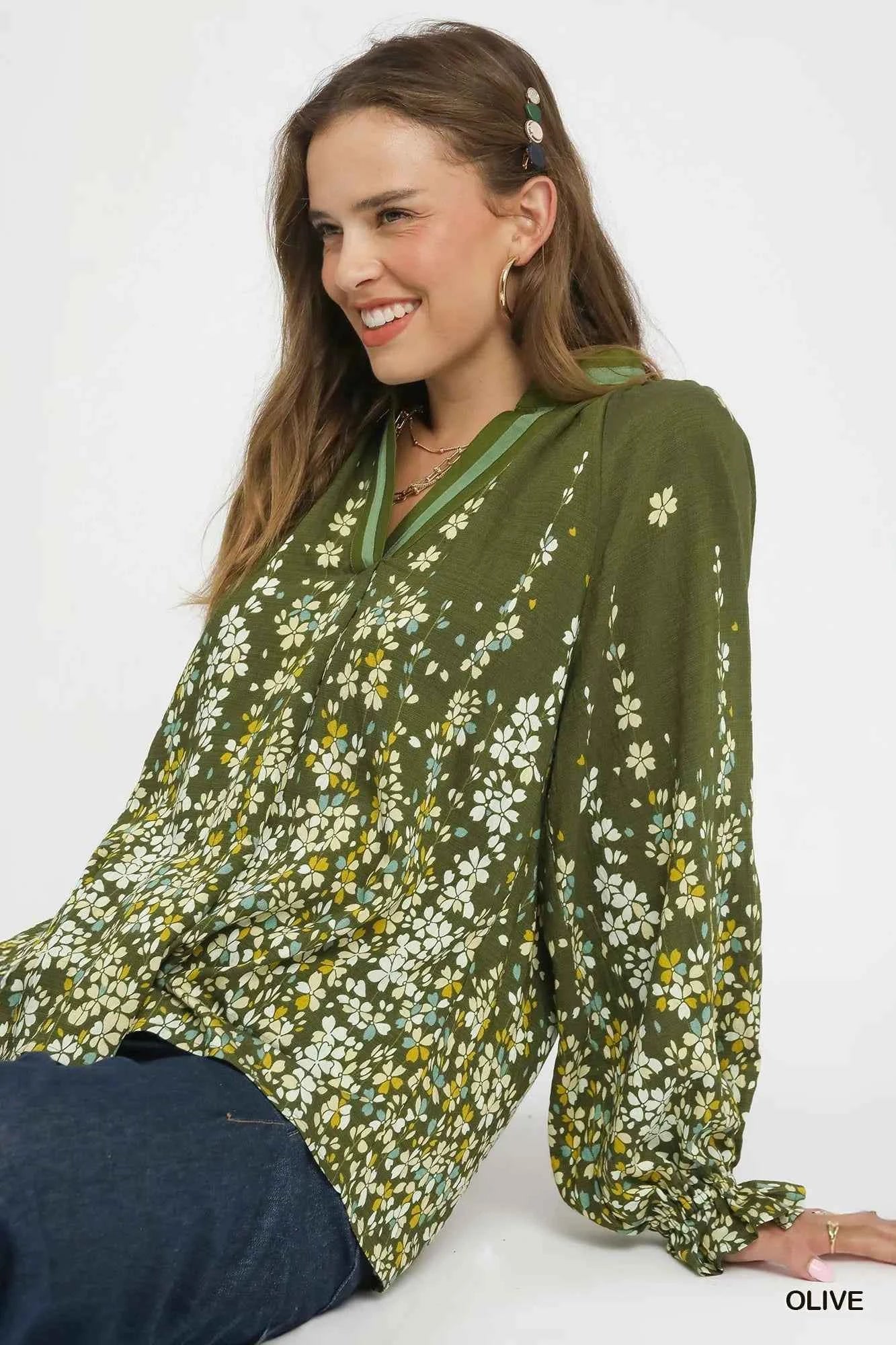 Umgee Floral Vine Print Blouse with Balloon Sleeves Olive 3d9c99e1-fc5a-4206-8225-954fea55374e-Max-Origin