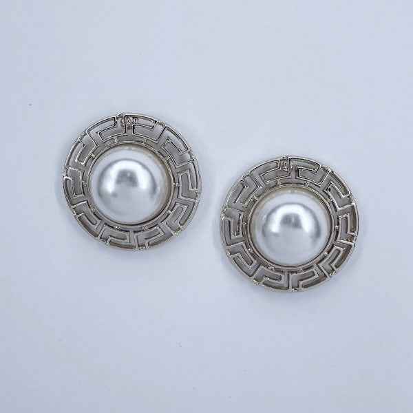 Round Greek Symbol half Pearl Post Back Earrings 3da03eab-5c09-48d5-9ada-936bd4e96ad6