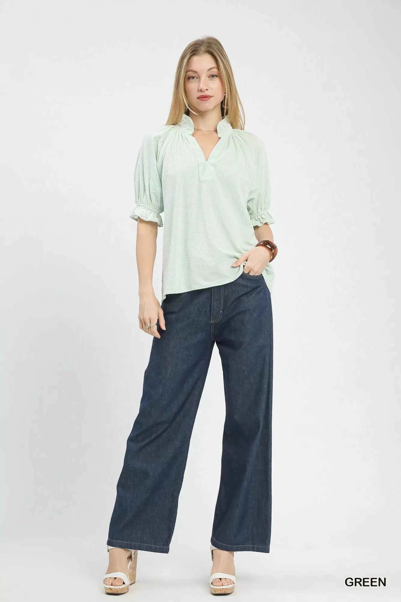 Umgee Textured Ruffle Sleeve V-Neck Top