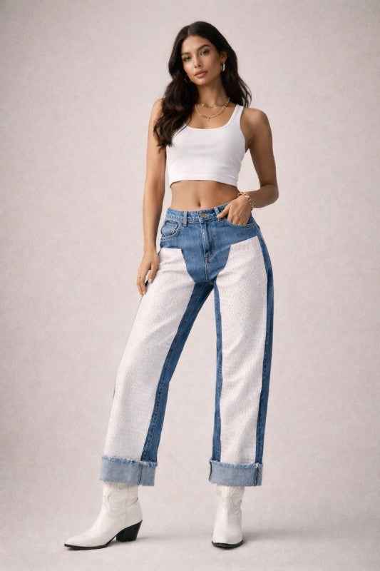 Low Rise Cuffed Jeans with Pink Vinyl Croc Panels 3da37923-548f-4c9c-845d-70f4b4015d01