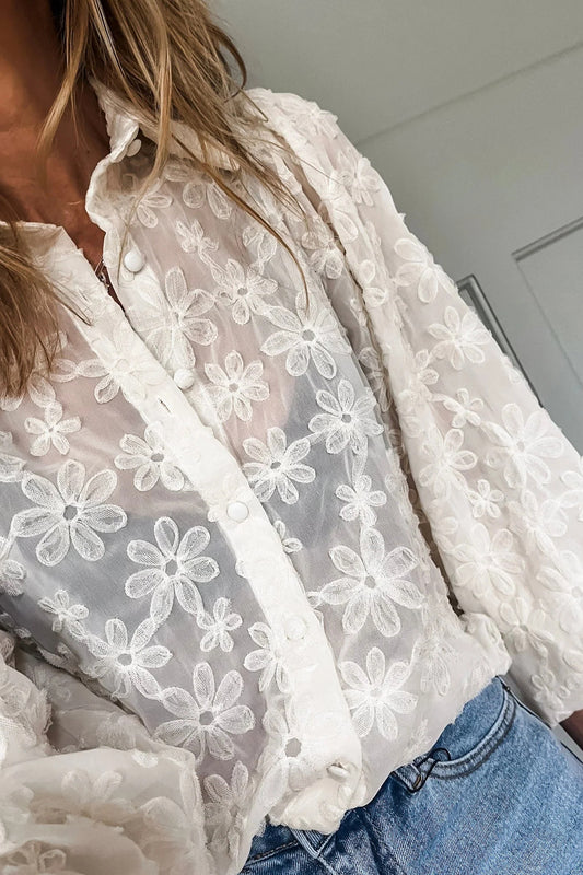 Beige Sheer Jacquard Floral Button-Down Long Sleeve Shirt 3da80a96a1ed1e1e