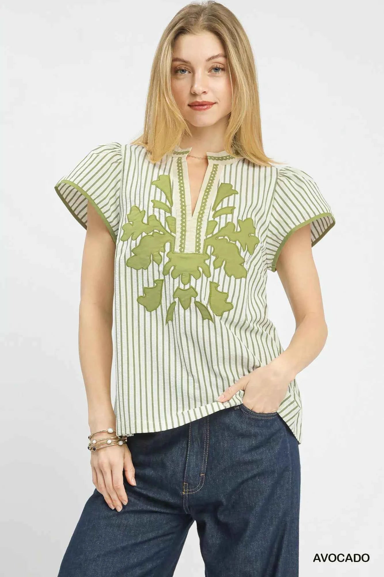 Umgee V-Neck Stripe Top with Lace Trim AVOCADO 3da8b5f2-3746-4524-a30b-bffc275b6428-Max-Origin
