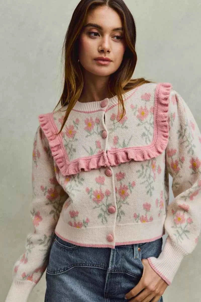 SO ME Flower With Ruffle Detailing Sweater Cardigan 3daf5117d21c420fa422b2095b2b0b2e-Max-Origin