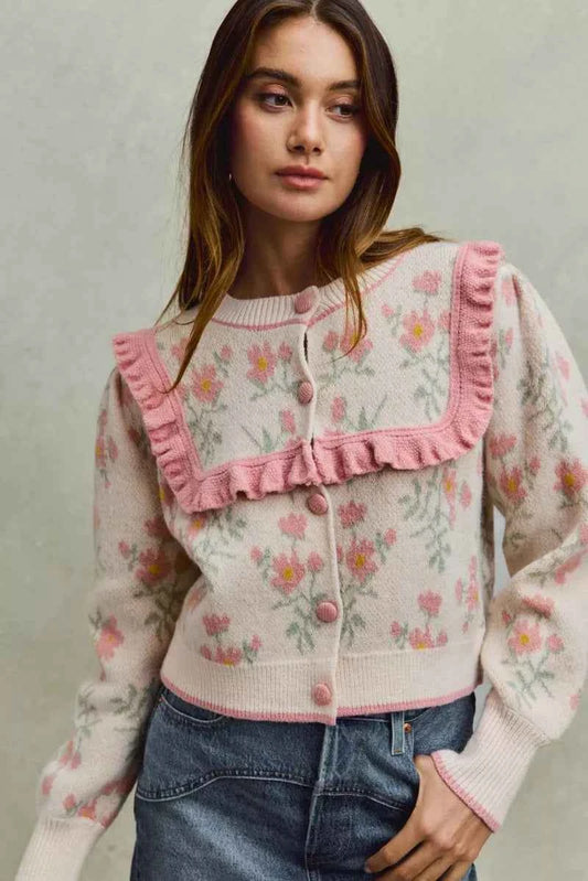 SO ME Flower With Ruffle Detailing Sweater Cardigan 3daf5117d21c420fa422b2095b2b0b2e-Max-Origin