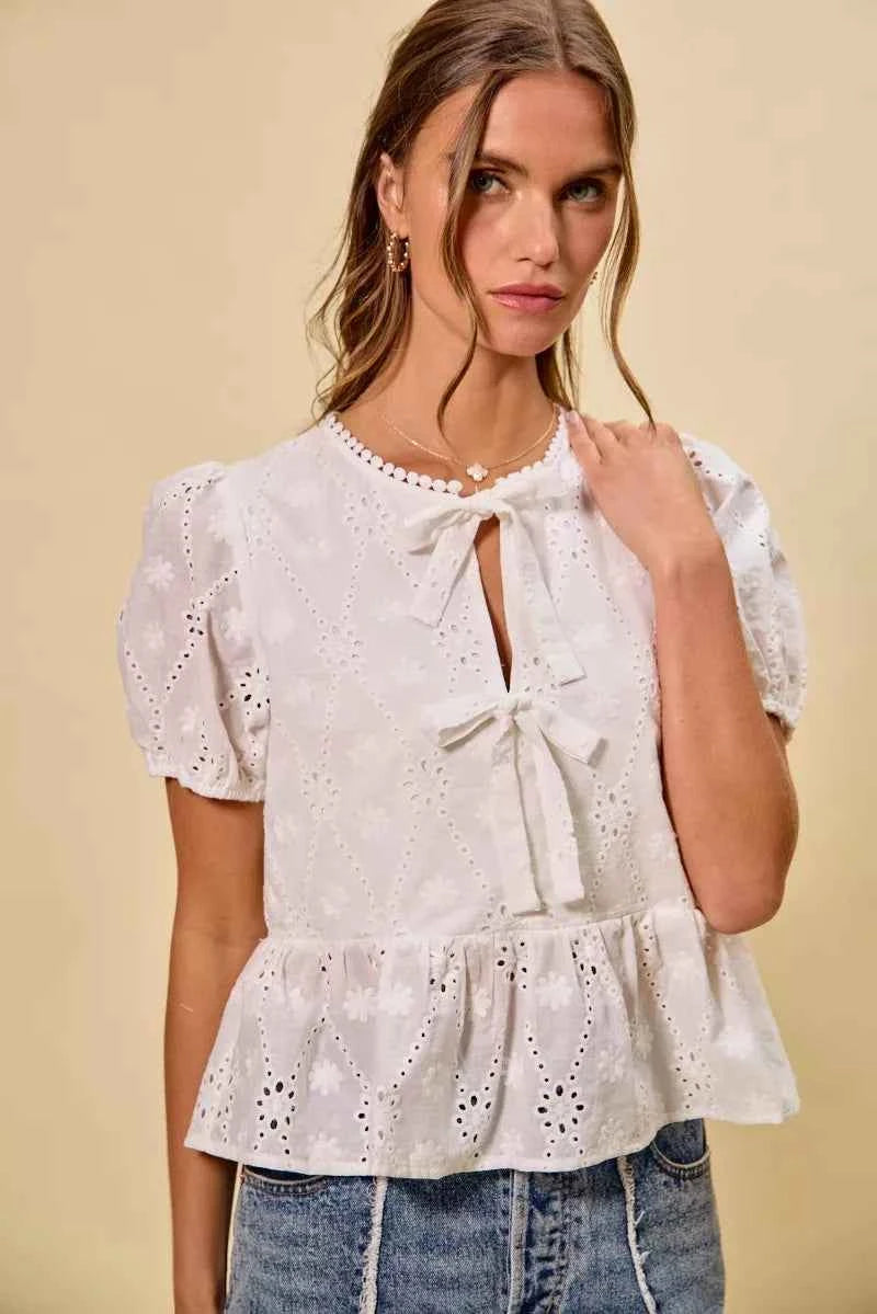 SO ME Cotton Eyelet Front Tie Short Sleeves Blouse 3db96dfdba4148cdba04561dfbdb0153-Max-Origin