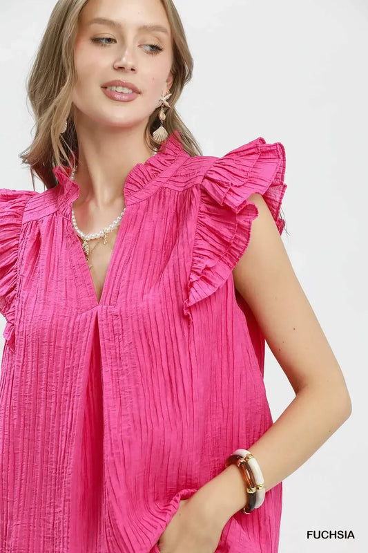 Textured Ruffle Sleeve Split V Neck Top 3dc20481-f7af-4f18-b13c-231e7f698f47-Max-Origin