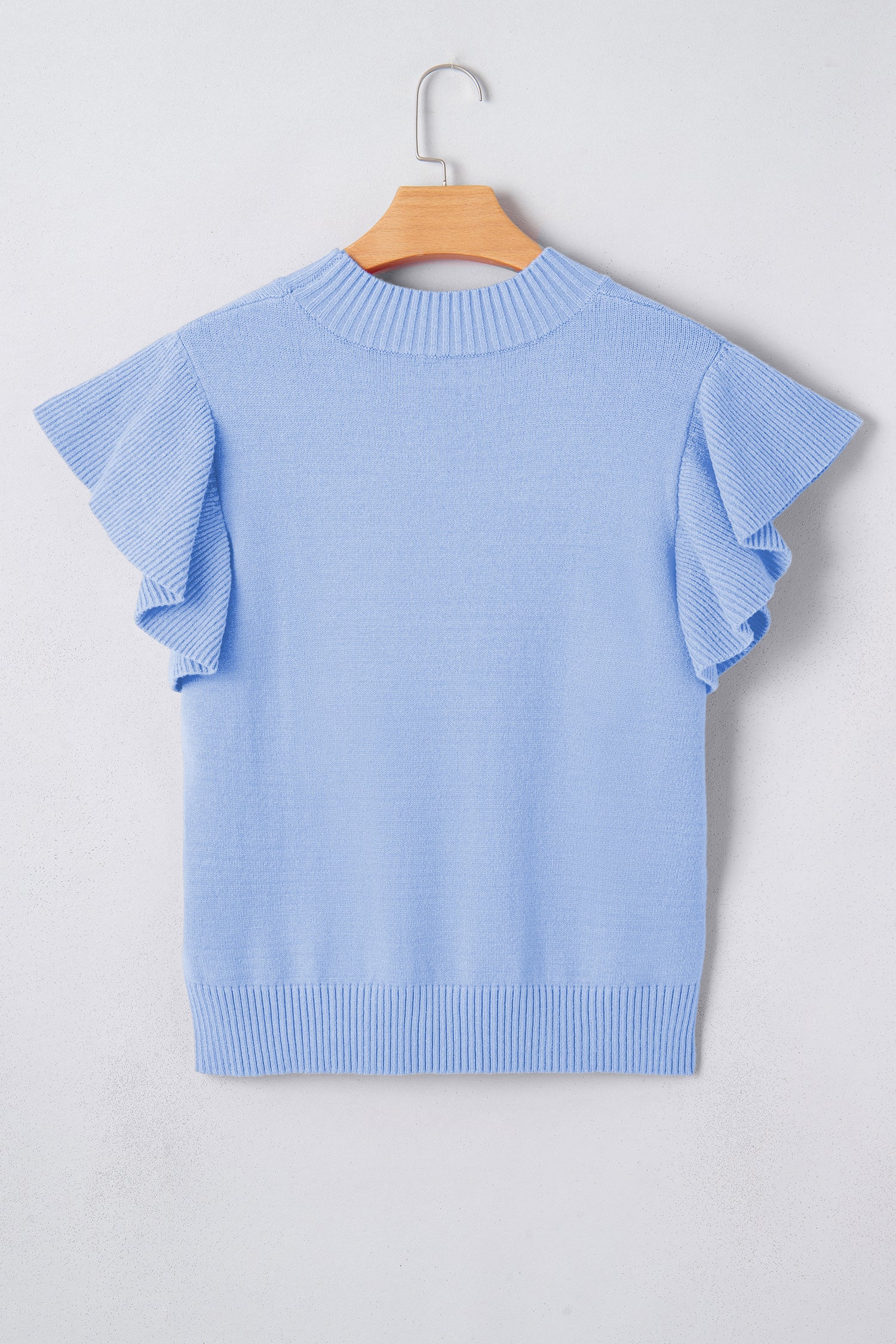 Beau Blue Solid Color Ribbed Trim Round Neck Ruffle Short Sleeve Sweater 3dc39ee29ad685e7