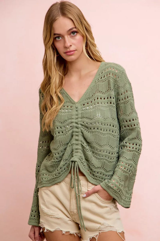Pointelle Knit V Neck Ruched Front Lightweight Top 3dcc1ad4-5ff0-4279-bf1e-8b67bfad29d6-Max-Origin