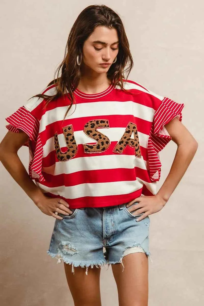 BiBi Stripe Mixed Ruffle Sleeve Top With Leopard Letter 3dd28dfc38db40edb0c0319a90f1c25e-Max-Origin