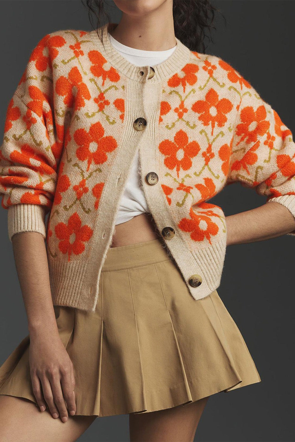 Orange Floral Button Round Neck Knit Cardigan Orange 3dd48fd364f275bd