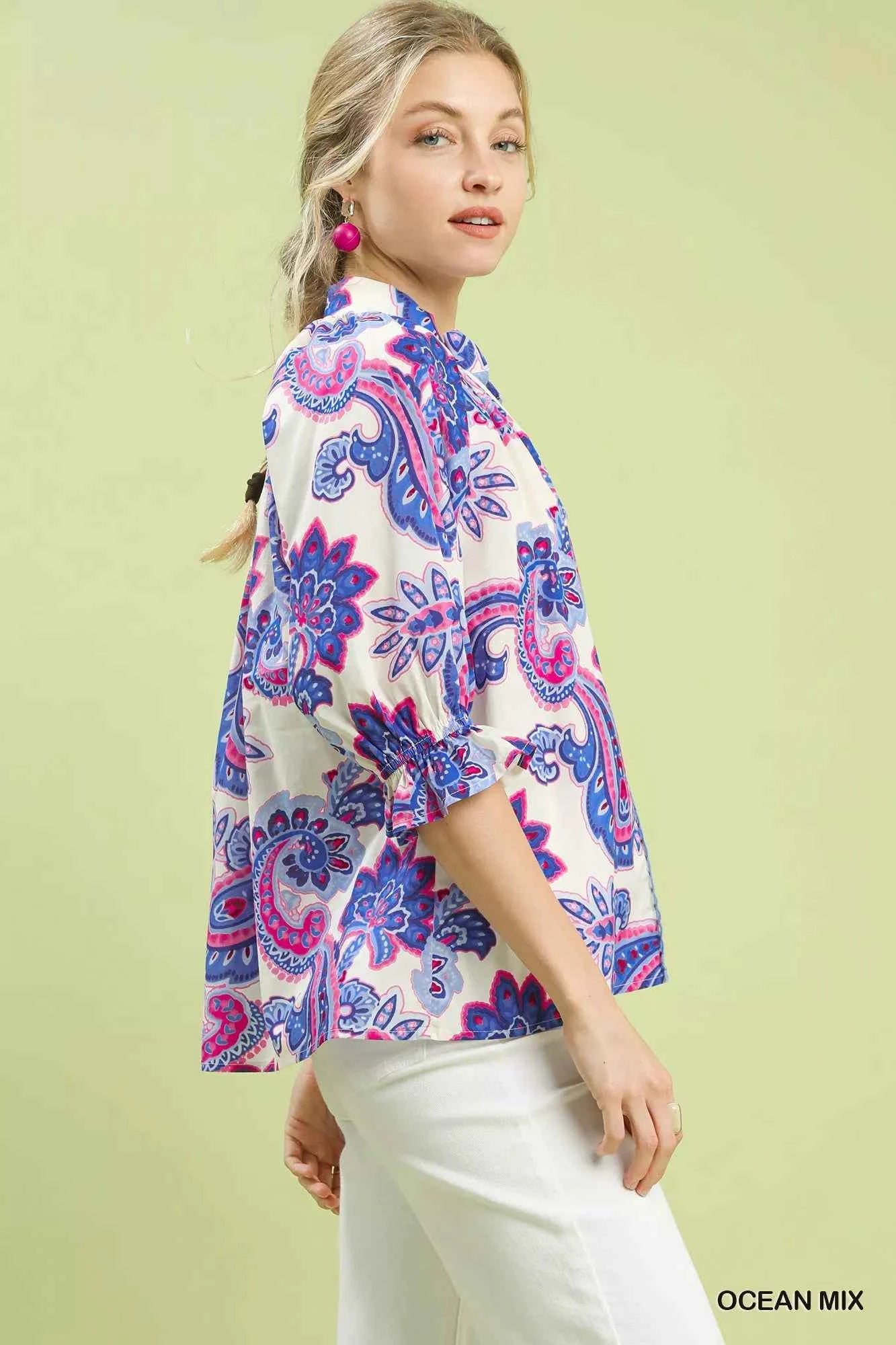 Umgee Paisley Print Button Front Blouse with Scallop Trim Detail