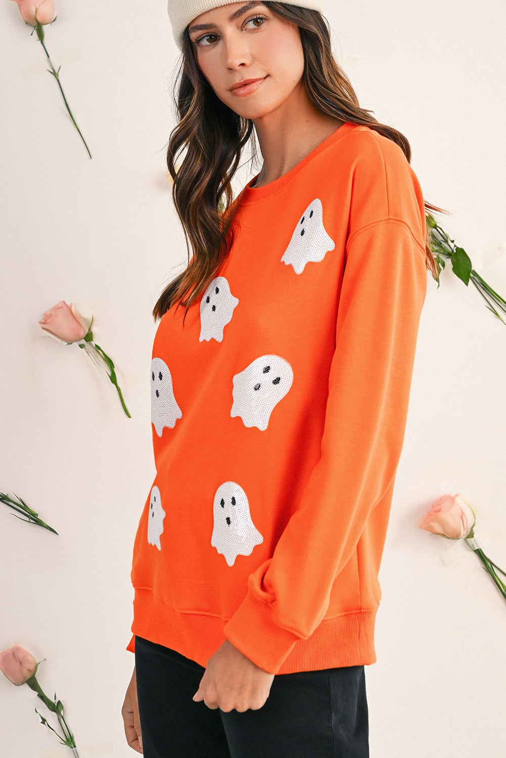 Black Halloween Ghost Sequins Patch Drop Shoulder Sweatshirt 3de129045926bf0d