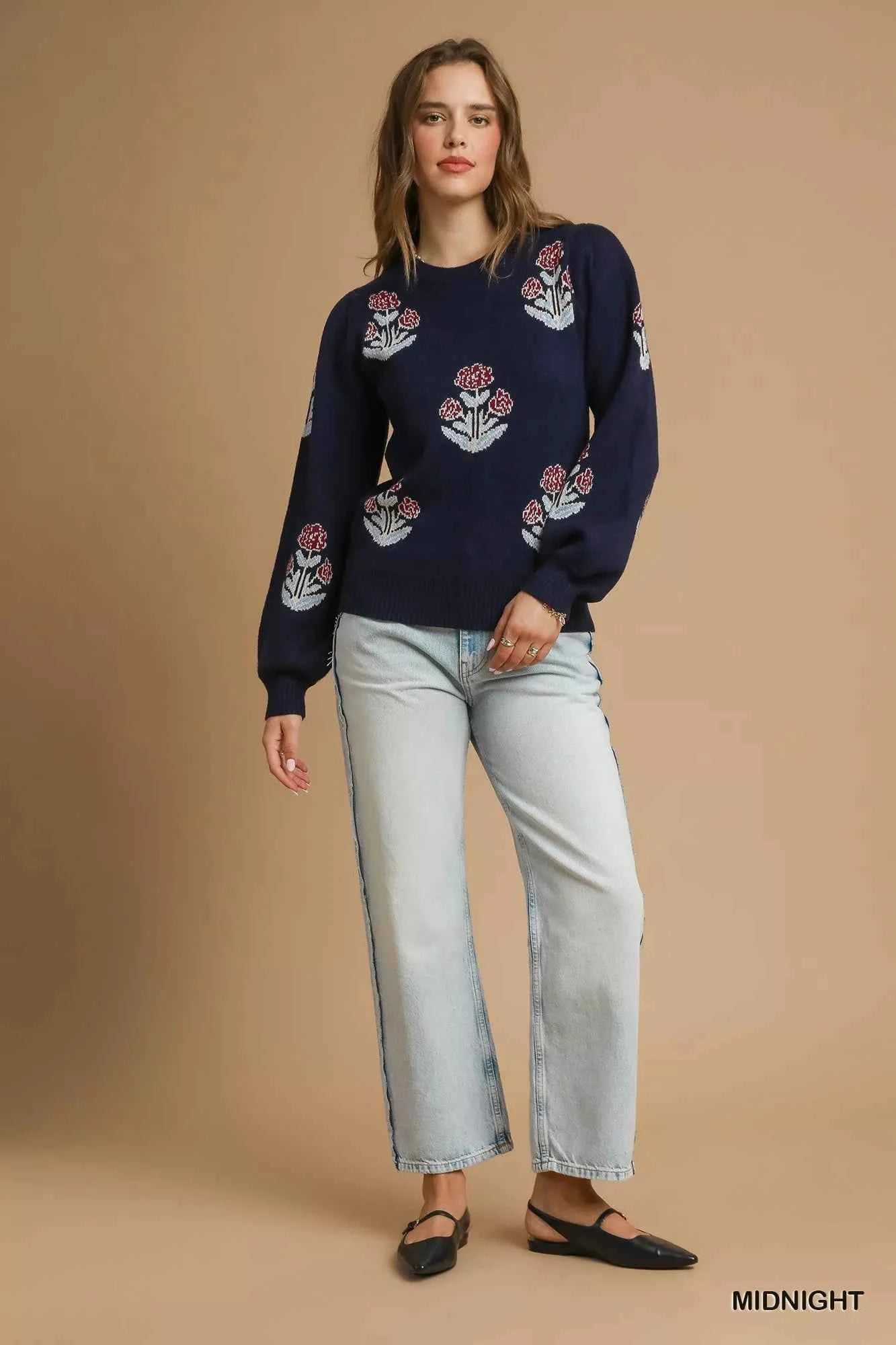 Umgee Floral Knit Sweater with Puff Sleeves 3de16833-bc1e-4318-9d4e-fb5f788dd615-Max-Origin